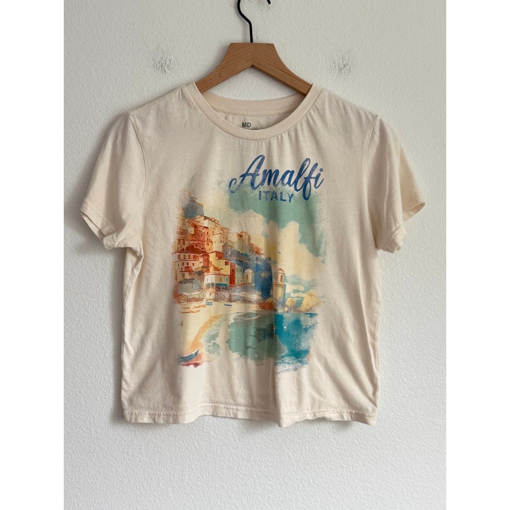Goodie Two Sleeves Amalfi Italy Graphic T-Shirt Medium Cream Coastal Watercolor